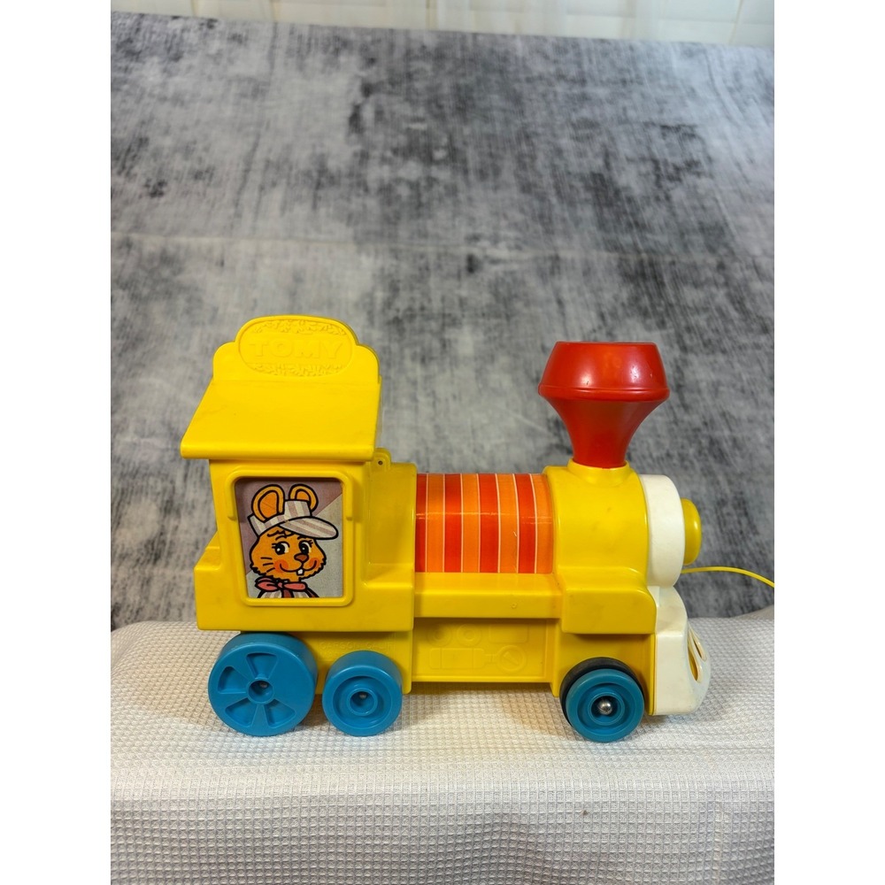 Vintage Tomy Yellow Pull Along Train Engine Plastic Toy Mouse Conductor Retro